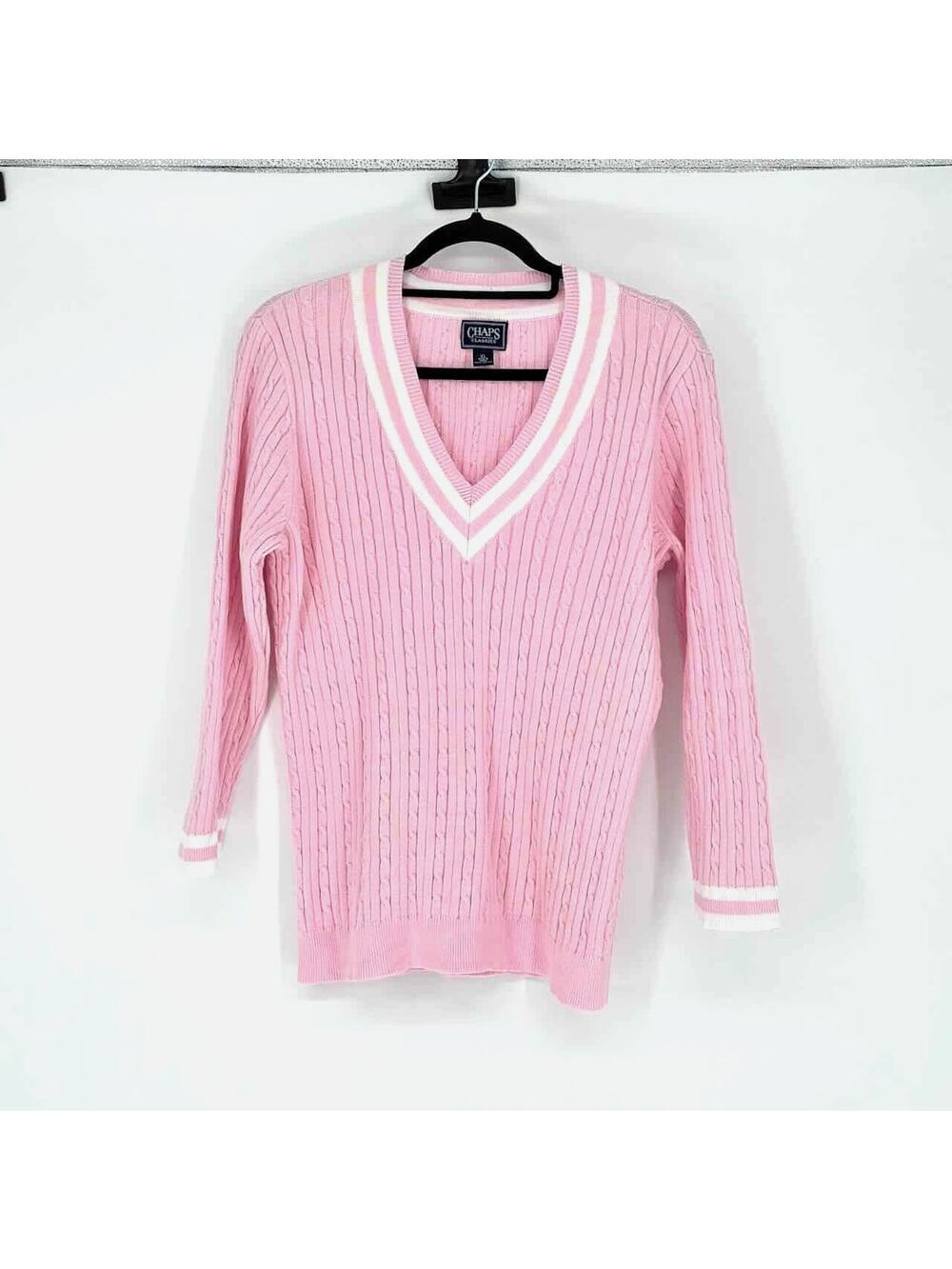 Chaps Women's Pink with White Striped Trim V-Neck Cable Knit Sweater - Size XL